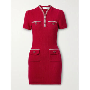 Self-Portrait Crystal-Embellished Red Wool And Cotton-Blend Mini Dress Size S -